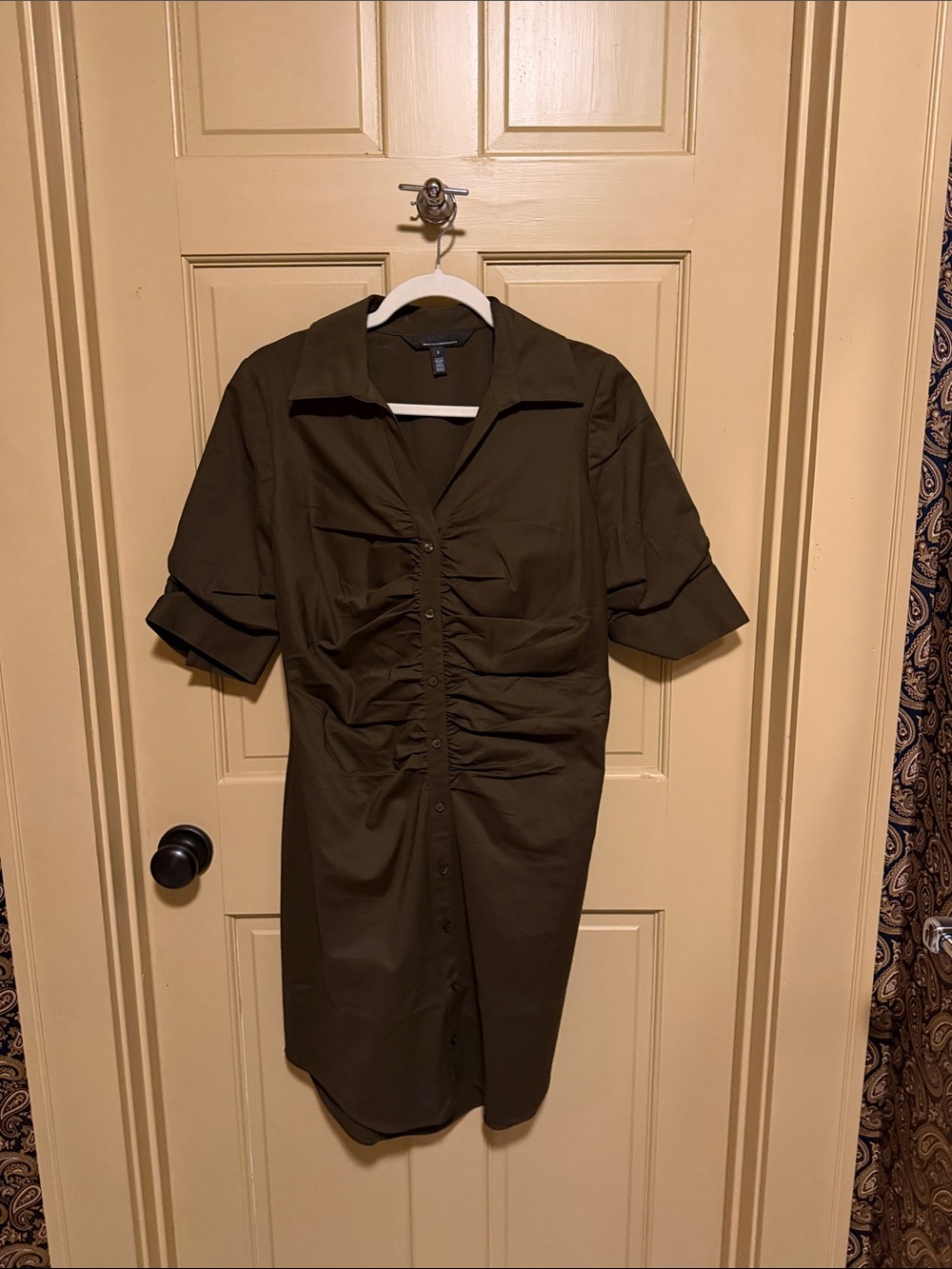 White House Black Market Olive Ruched Button-Front Midi Dress